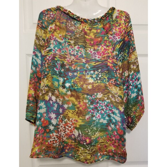 CJ Banks Women's Top Size X Geometric Multicolor Round Neck 3/4 Balloon Sleeve - Picture 3 of 5